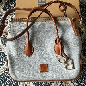 Dooney & Bourke Pebble Leather Satchel in Light Gray with Tan Trim